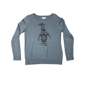 Ann Taylor Loft Penguin Sweater Women's Large Gray Cotton Crew Neck Long Sleeve